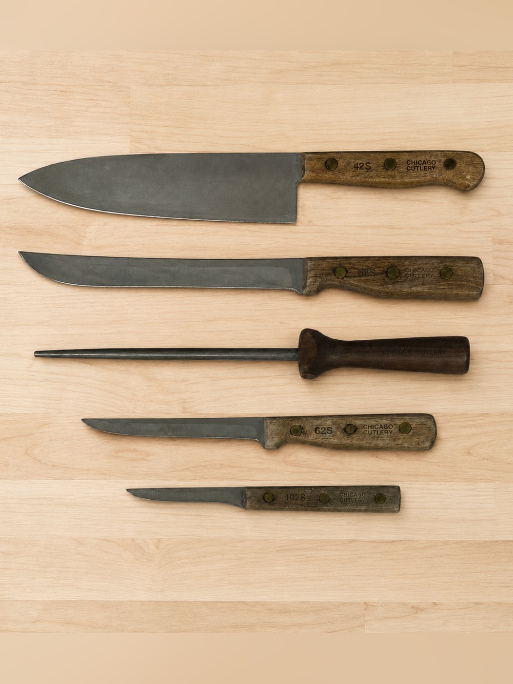 Vintage Chicago Cutlery Knife Set 5 Knives Wood Handle 42S, 66S, 62S, and 102S